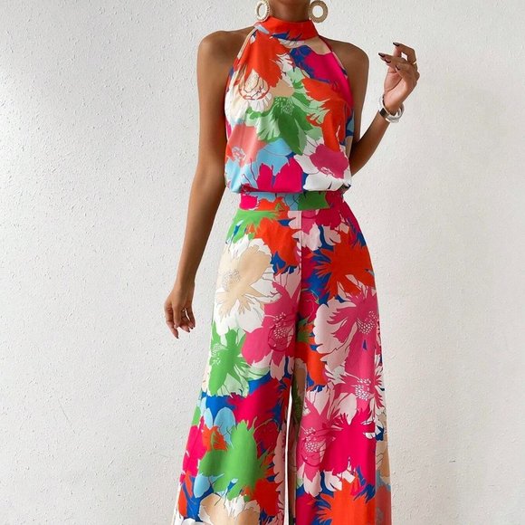 . Pants - Pink Boho Womens Floral Print Halter Top & Wide Leg Pants